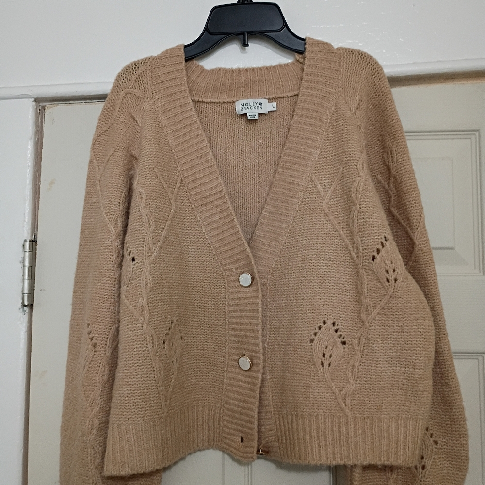 Molly Bracken V-Neck Pointelle Knit Boxy Cardigan Sweater Large Minimalist - Picture 8 of 13